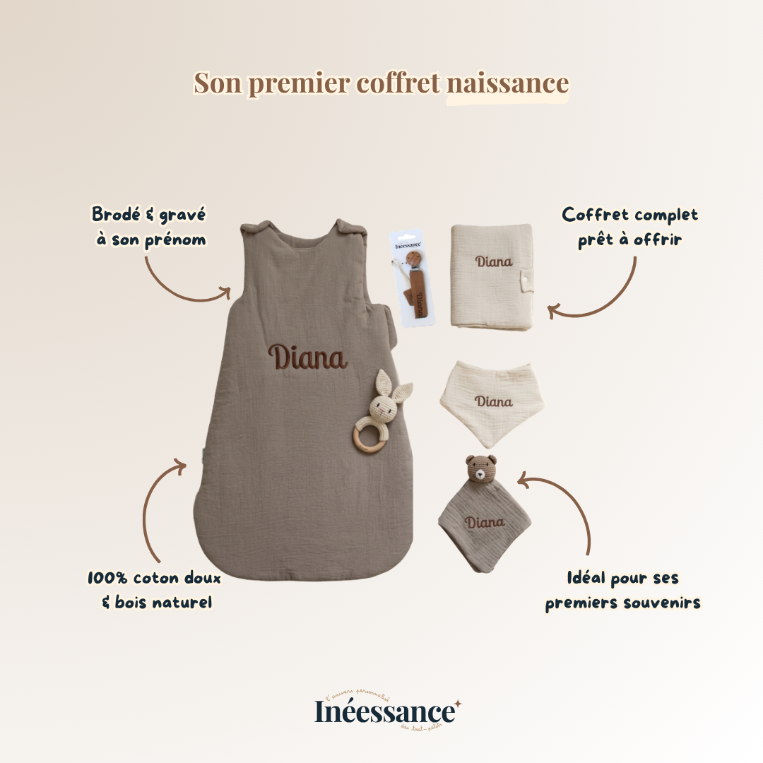 Coffret Naissance Premium - 6 essentiels brodés et gravés