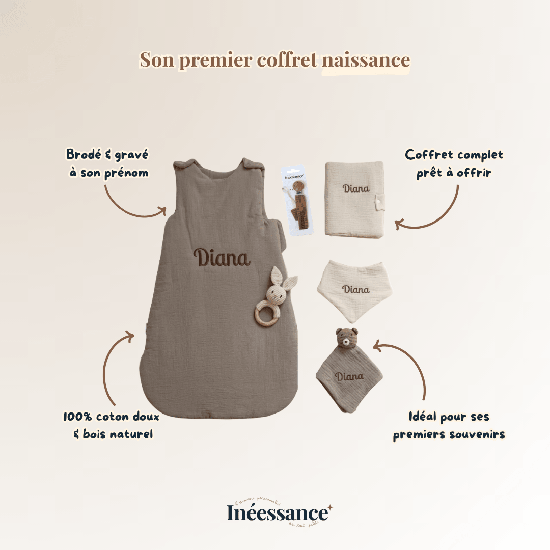 Coffret Naissance Premium - 6 essentiels brodés et gravés - Ineessance