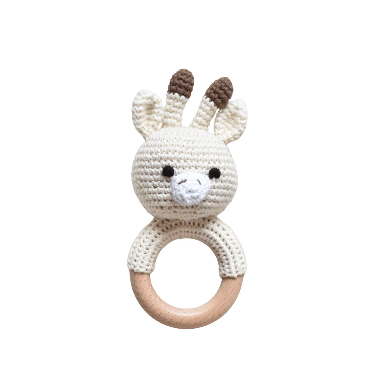 Hochet girafe en crochet sur anneau en bois de hêtre