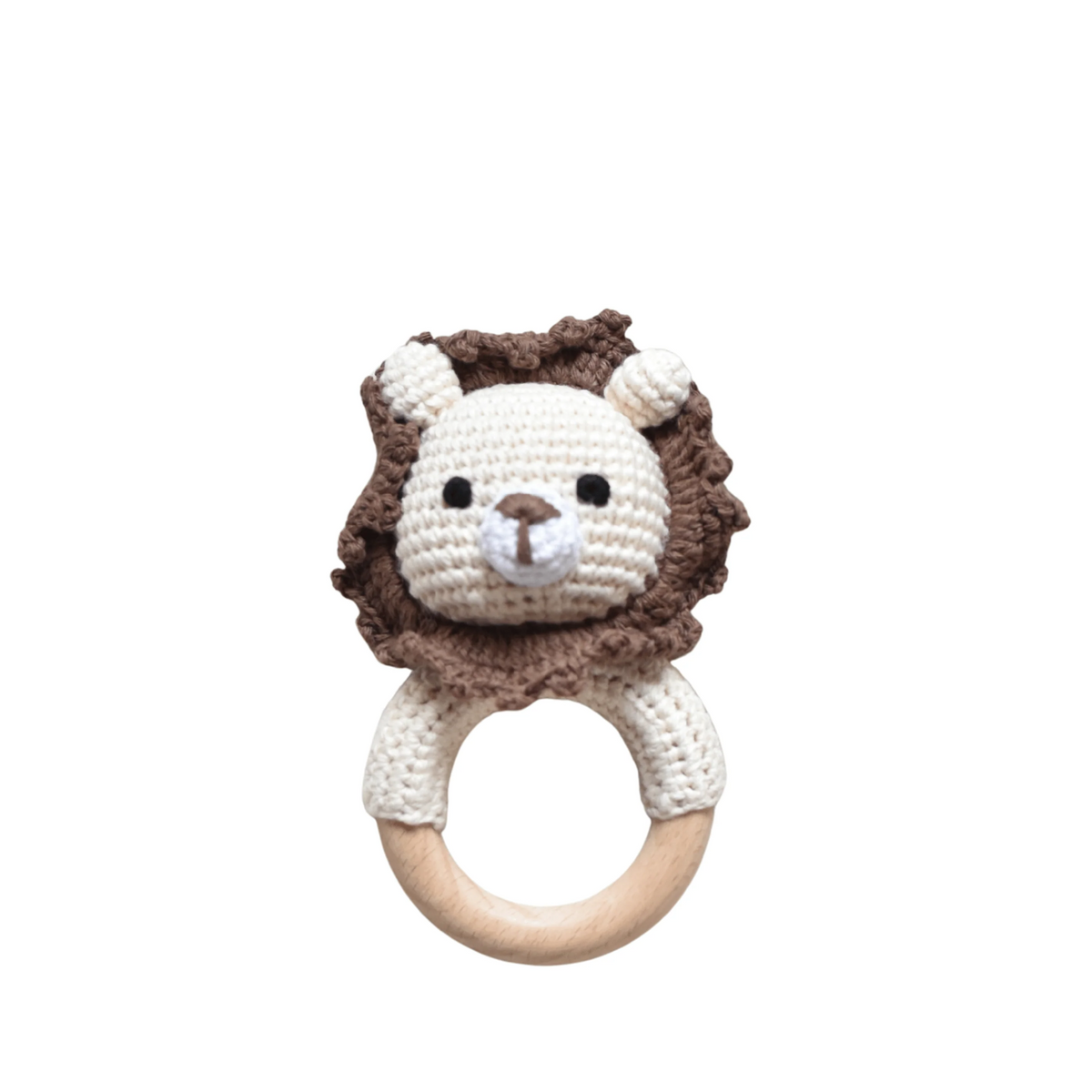 Hochet lion brun en crochet sur anneau en bois