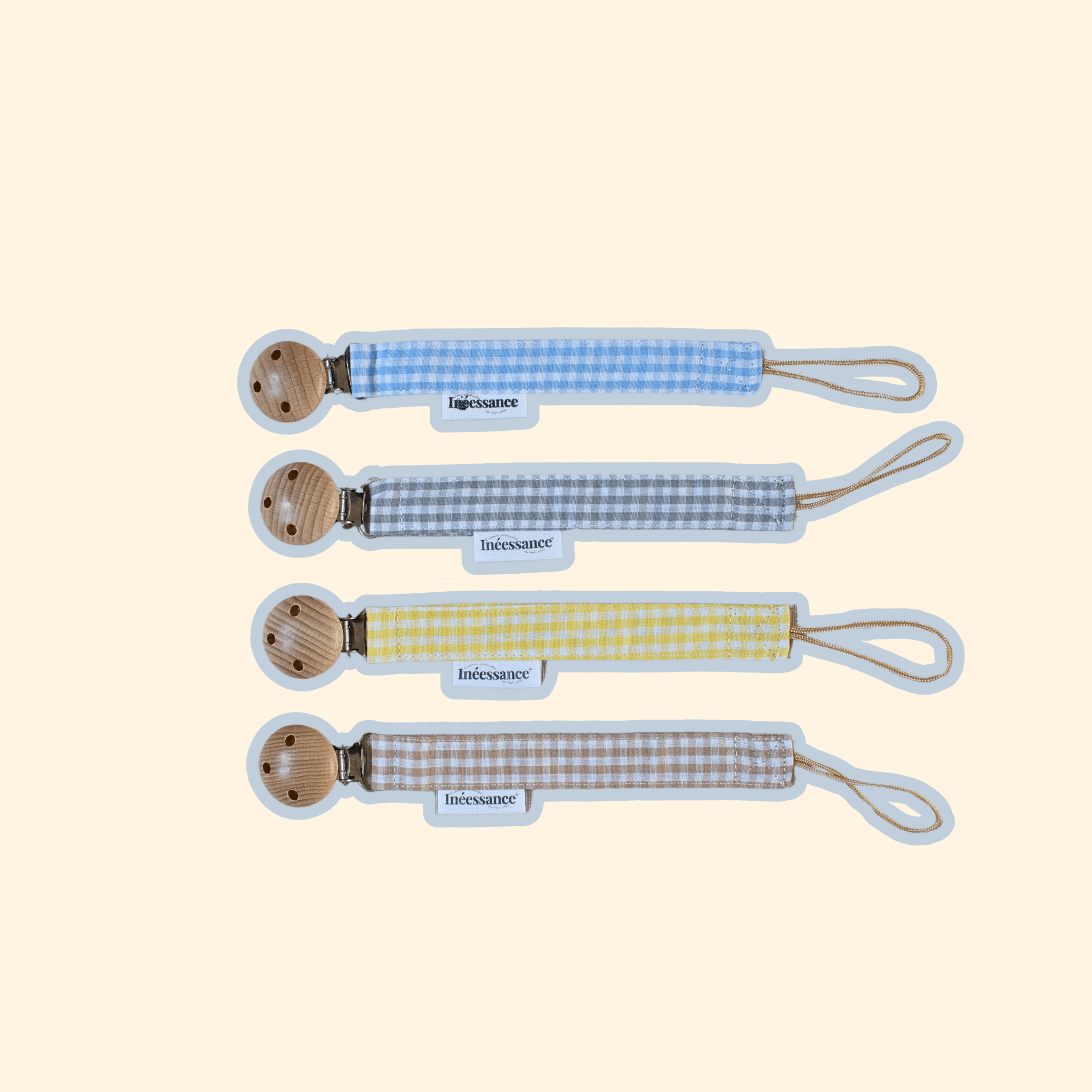 Attaches-tétines en tissu vichy Ineessance – bleu, gris, jaune et beige – avec clip en bois naturel