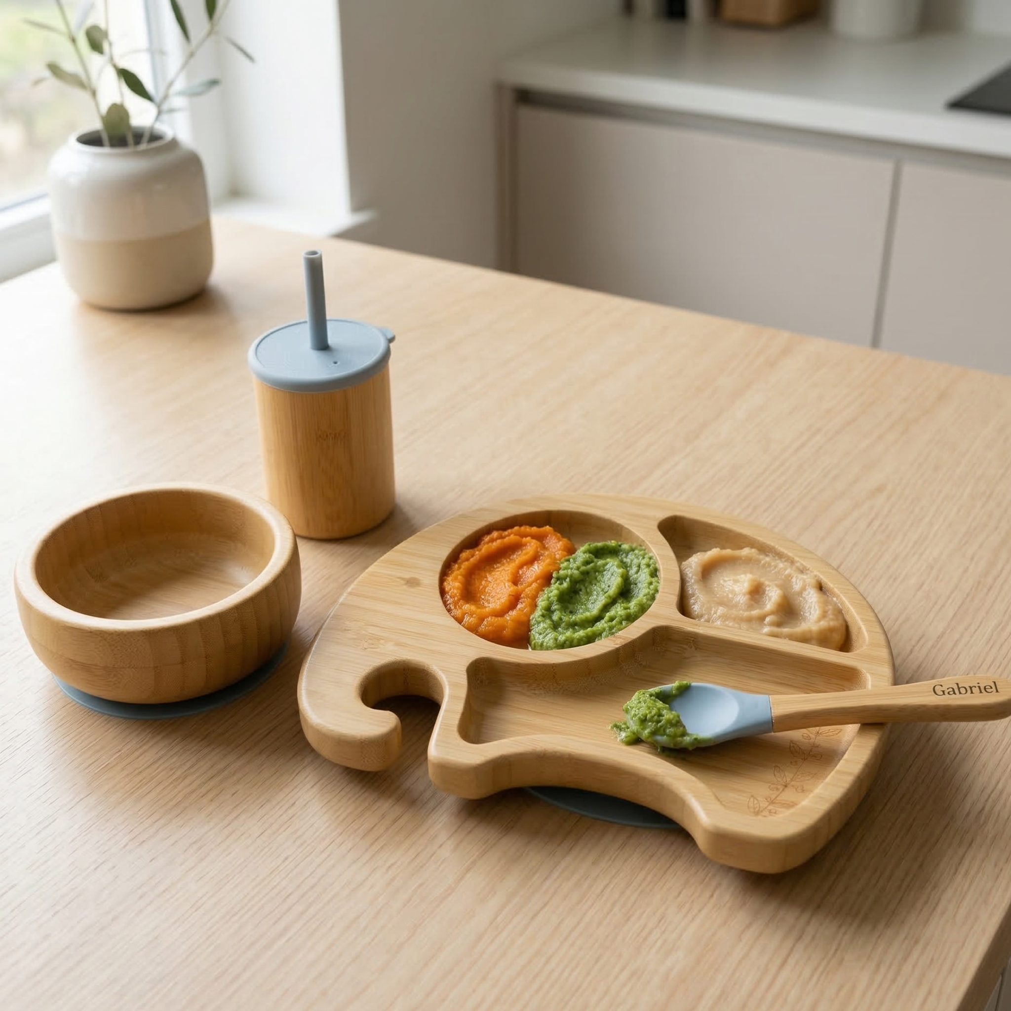Coffret repas bébé 4 pièces - personnalisé en bambou – Cuillère gravée