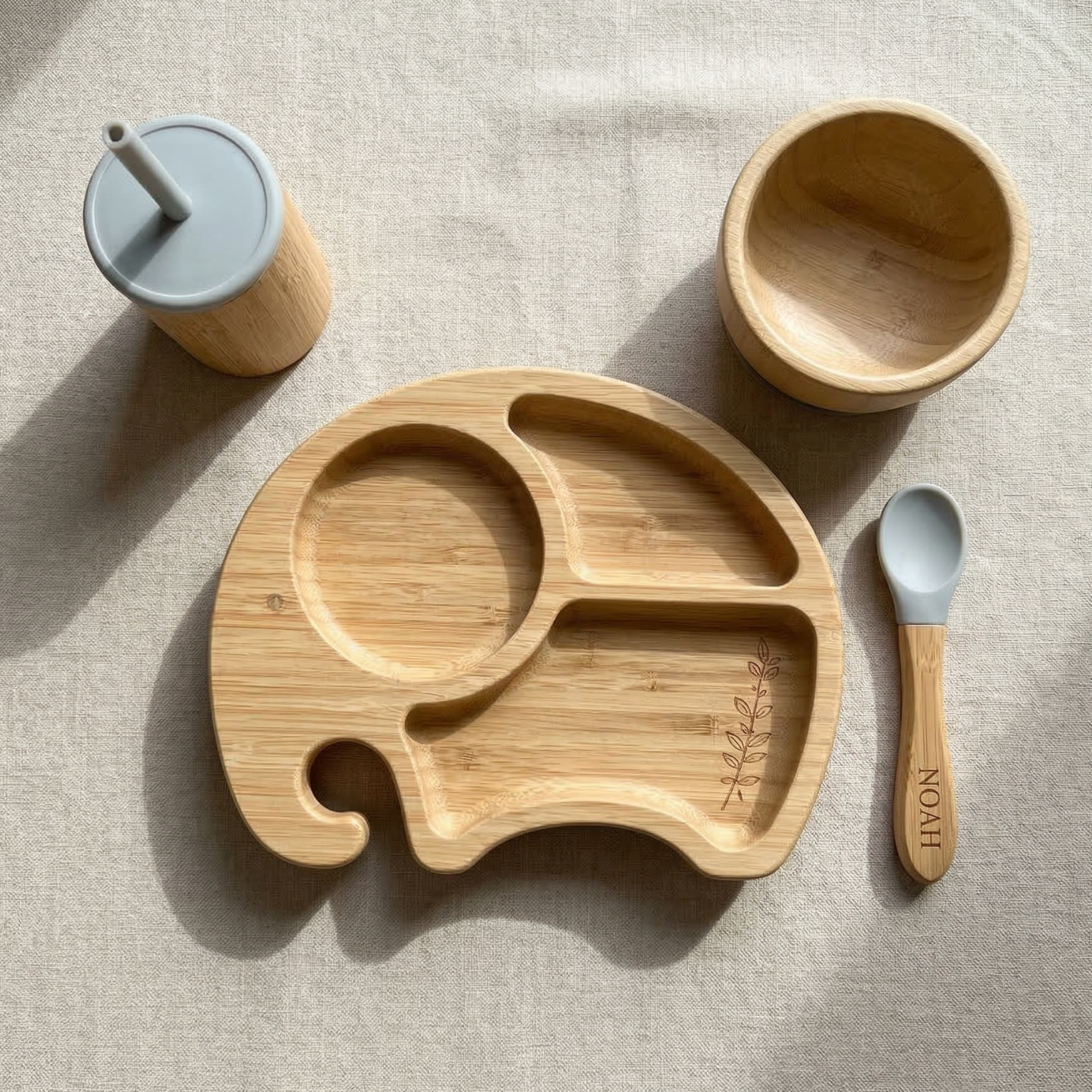 Coffret repas bébé 4 pièces - personnalisé en bambou – Cuillère gravée