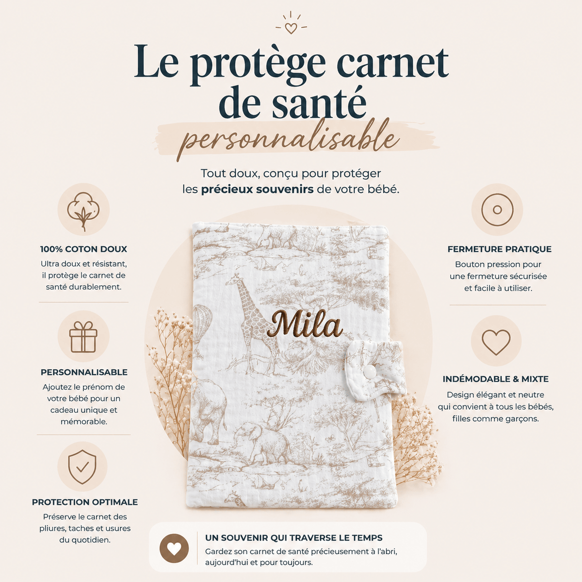 Protège carnet de Santé avec prénom - Toile de Jouy