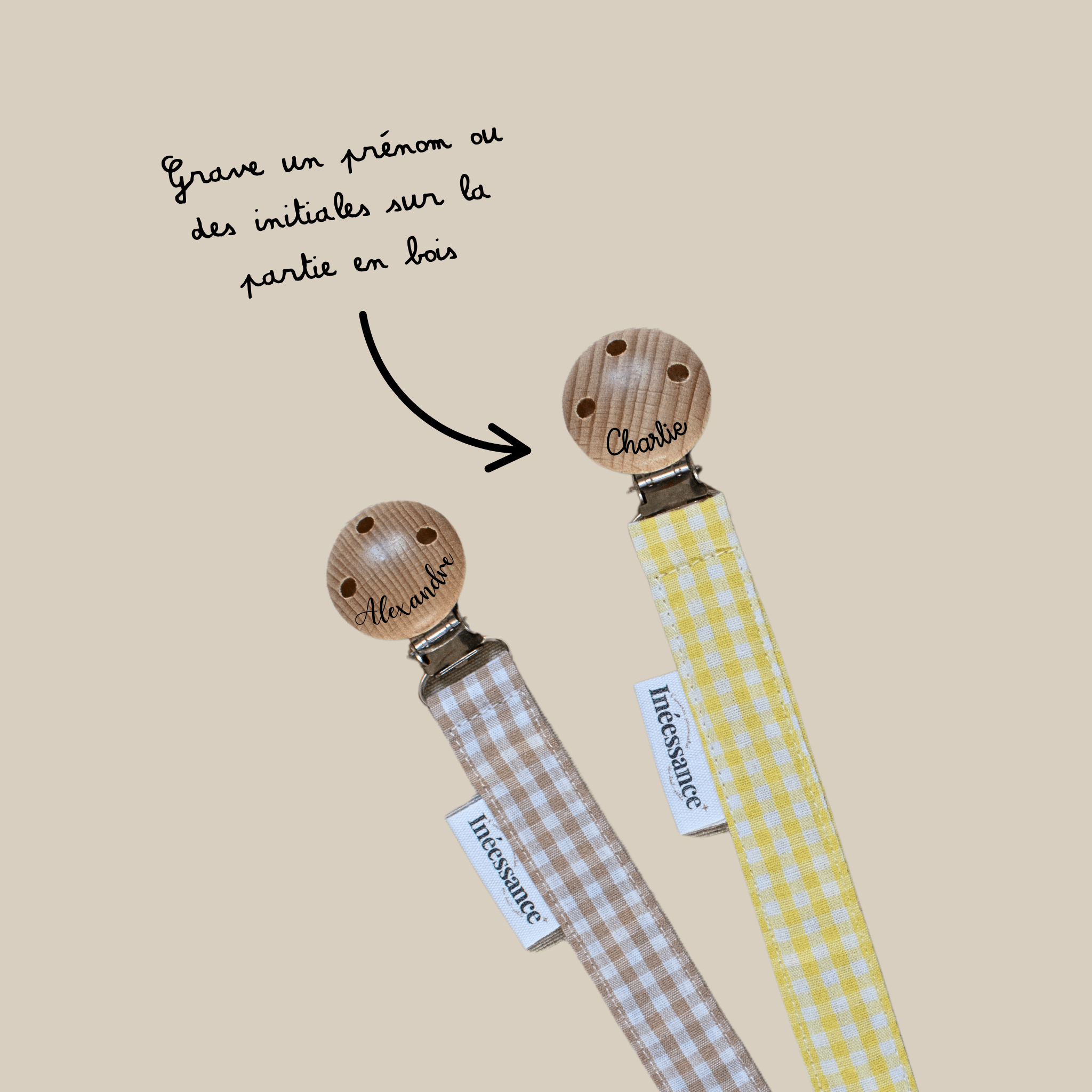 Attaches-tétines en tissu vichy Ineessance –personnalisable gavure avec clip en bois naturel