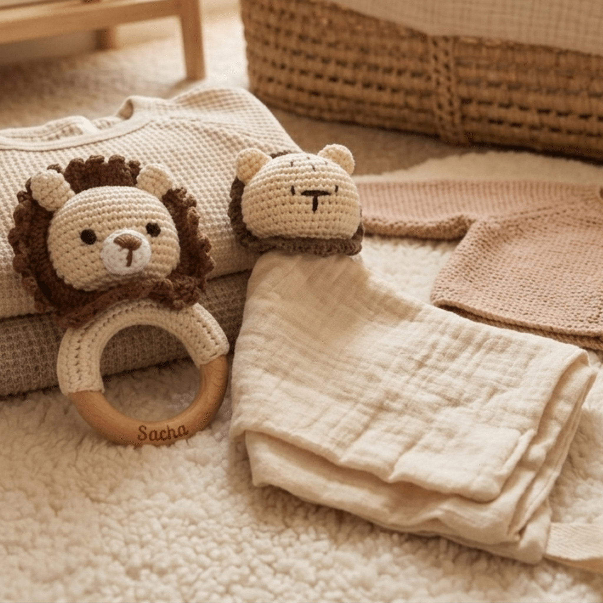 Lot Complice – Doudou & Hochet assortis en coton & crochet