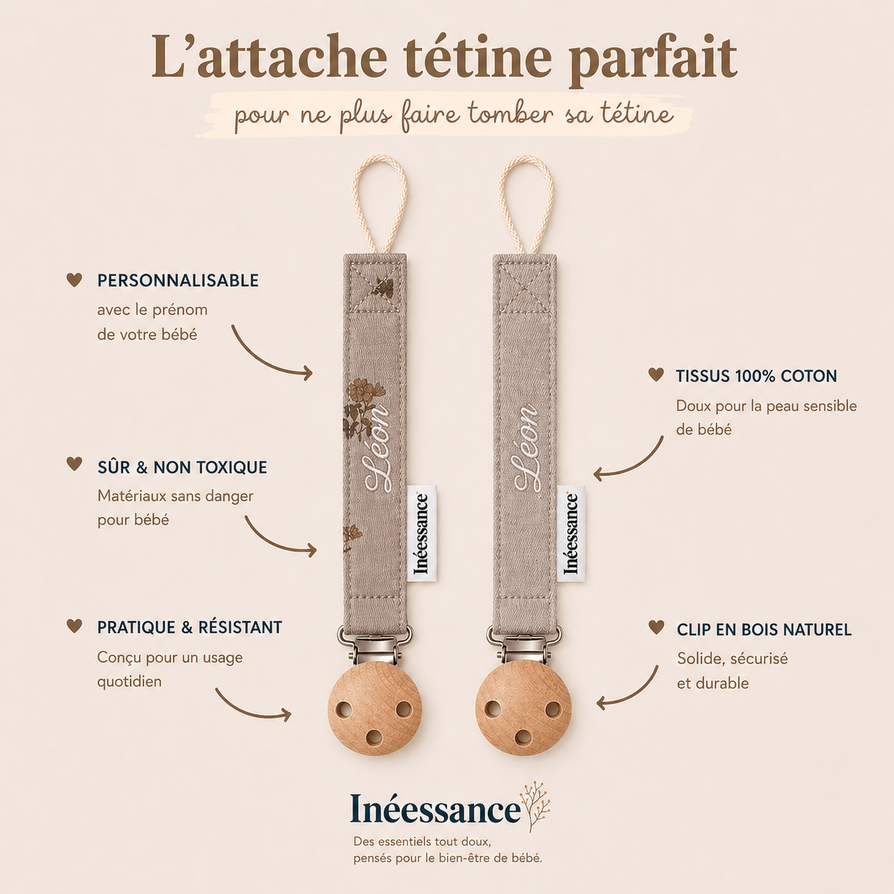 Attache tétines personnalisables bébé - Lot de 2