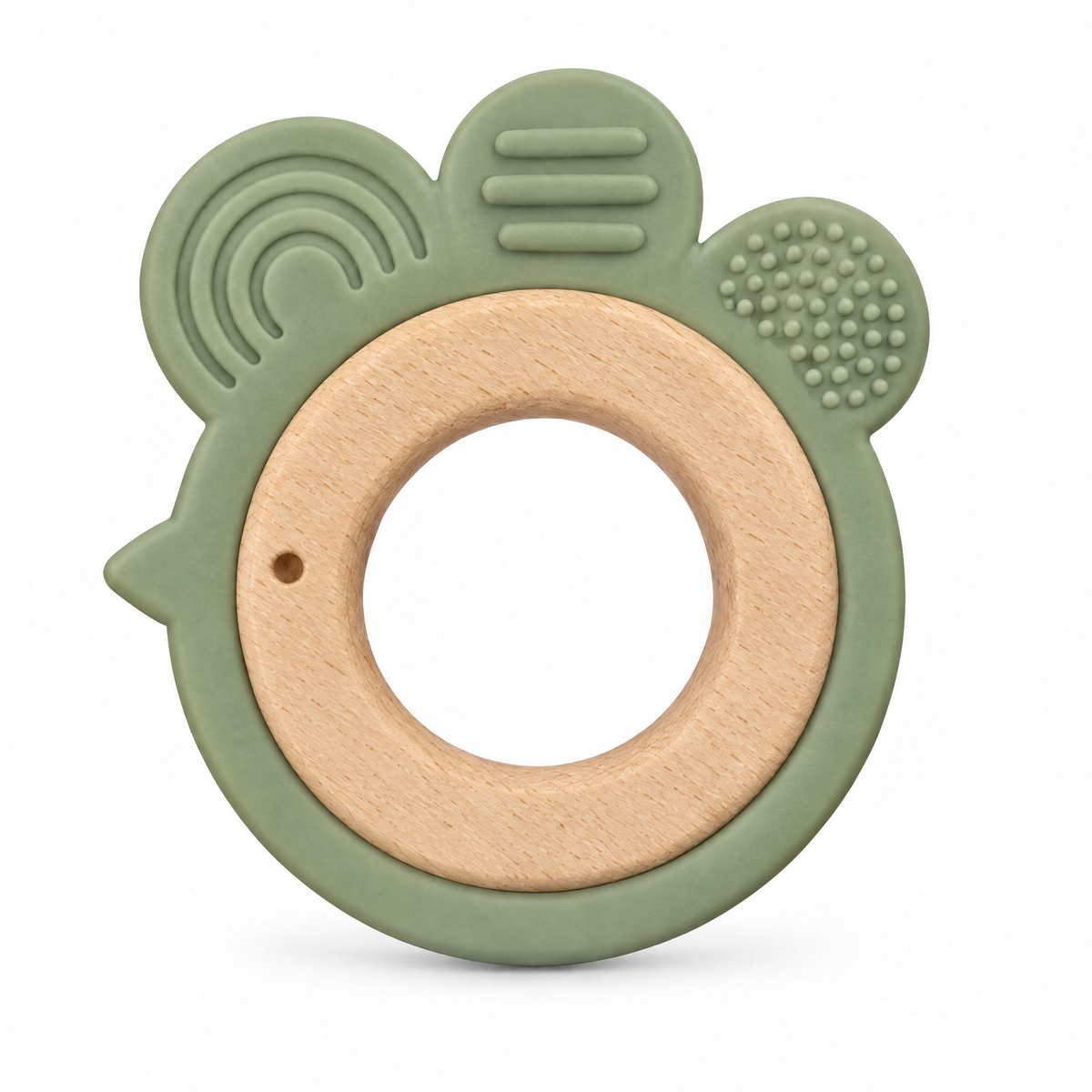 Anneau de dentition grignotin Petit Poussin vert, bois de hêtre et silicone