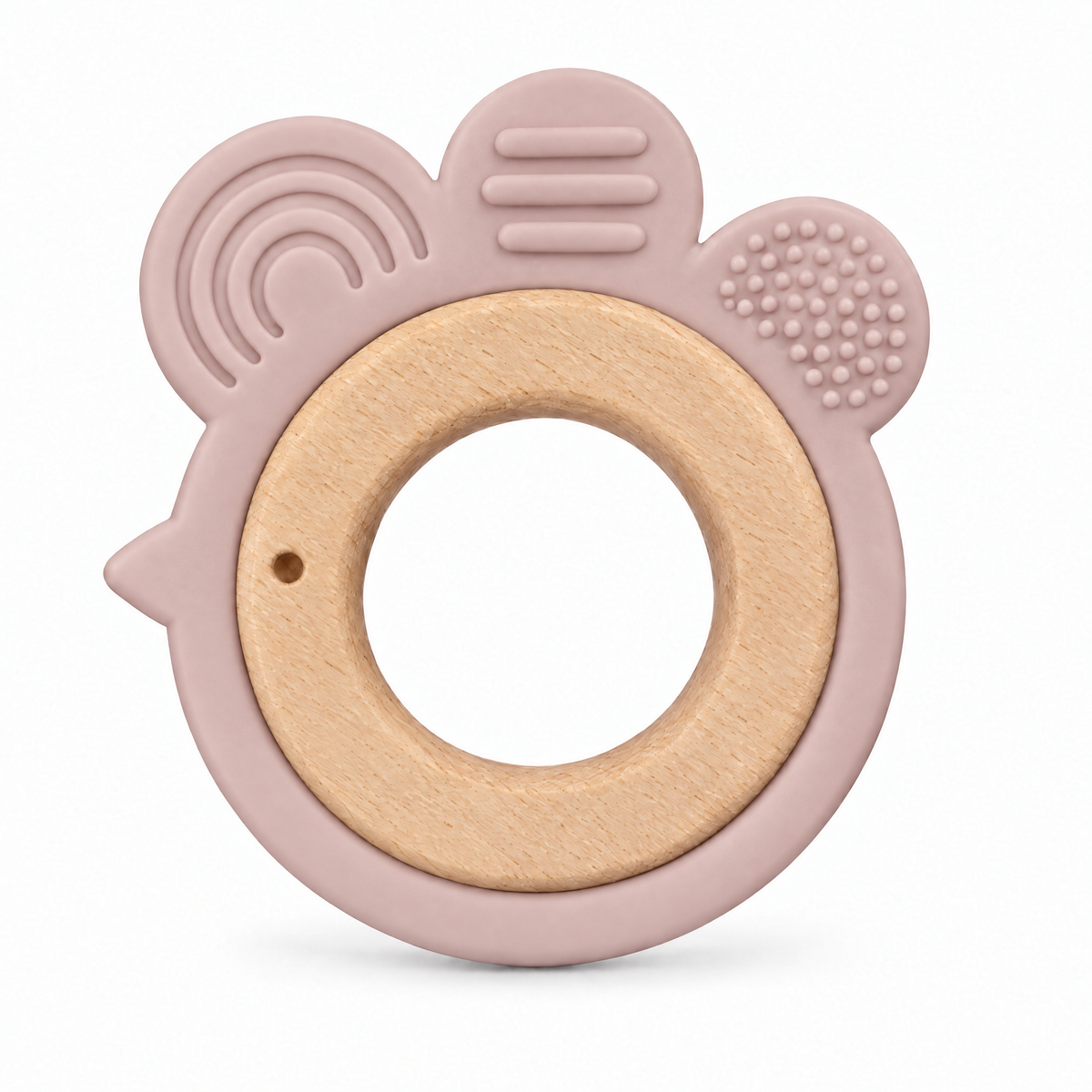 Anneau de dentition grignotin Petit Poussin rose, bois de hêtre et silicone
