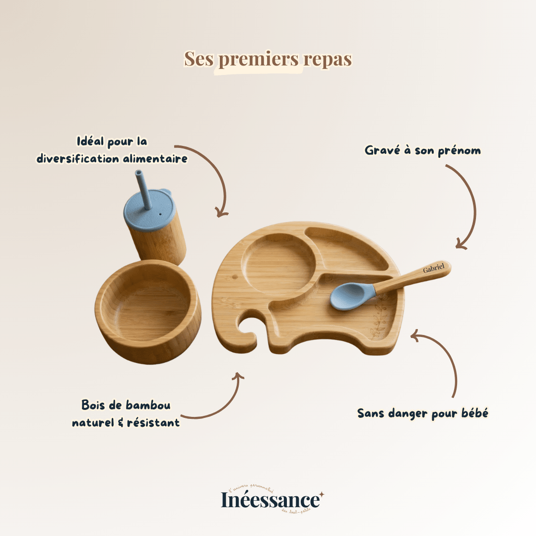 Coffret repas bébé 4 pièces - personnalisé en bambou - Cuillère gravée