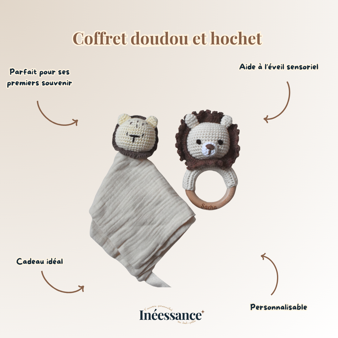 Lot Complice – Doudou & Hochet assortis en coton & crochet