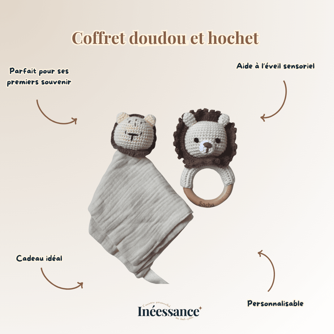 Lot Complice – Doudou & Hochet assortis en coton & crochet