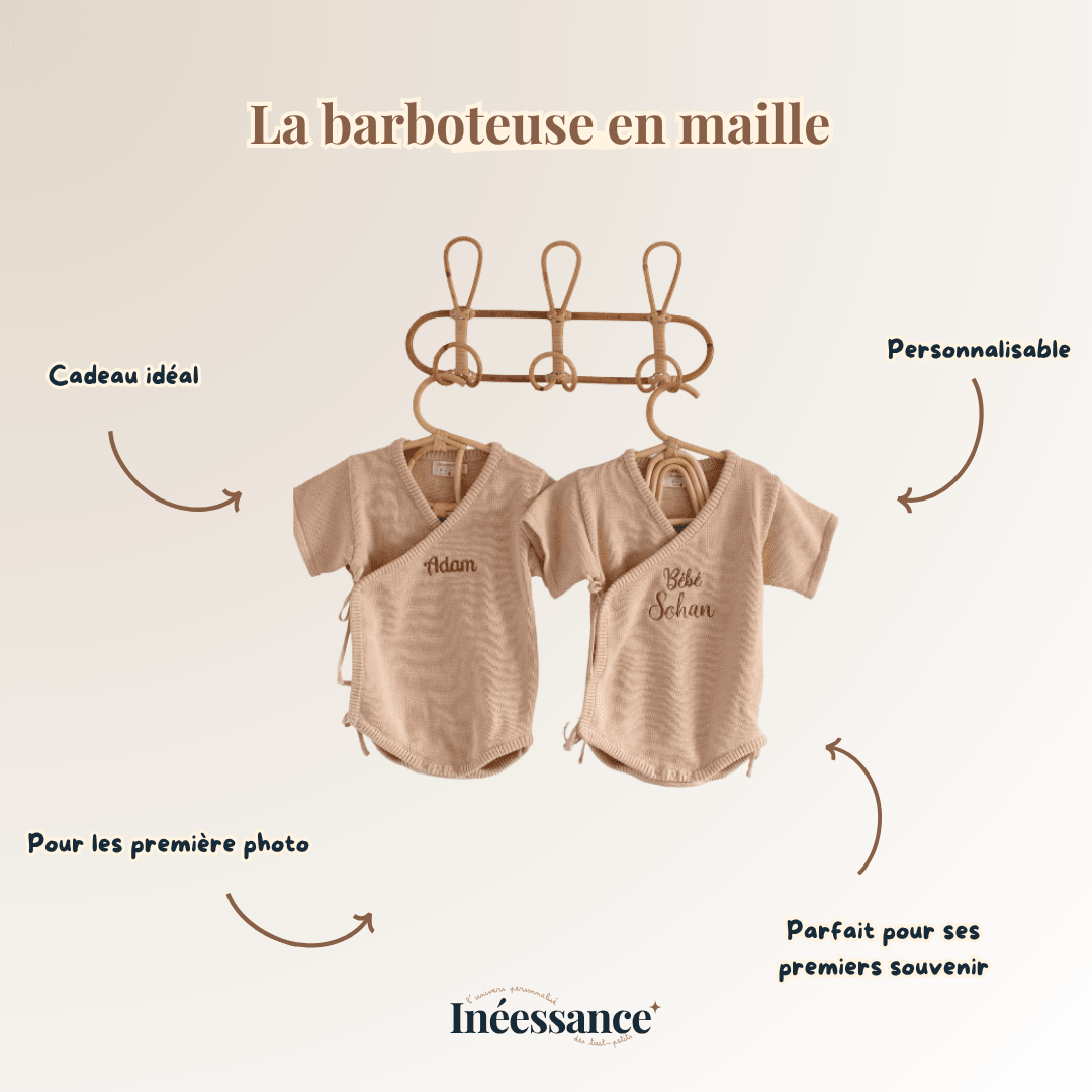 Barboteuse en maille coton bio - Brodée à son prénom