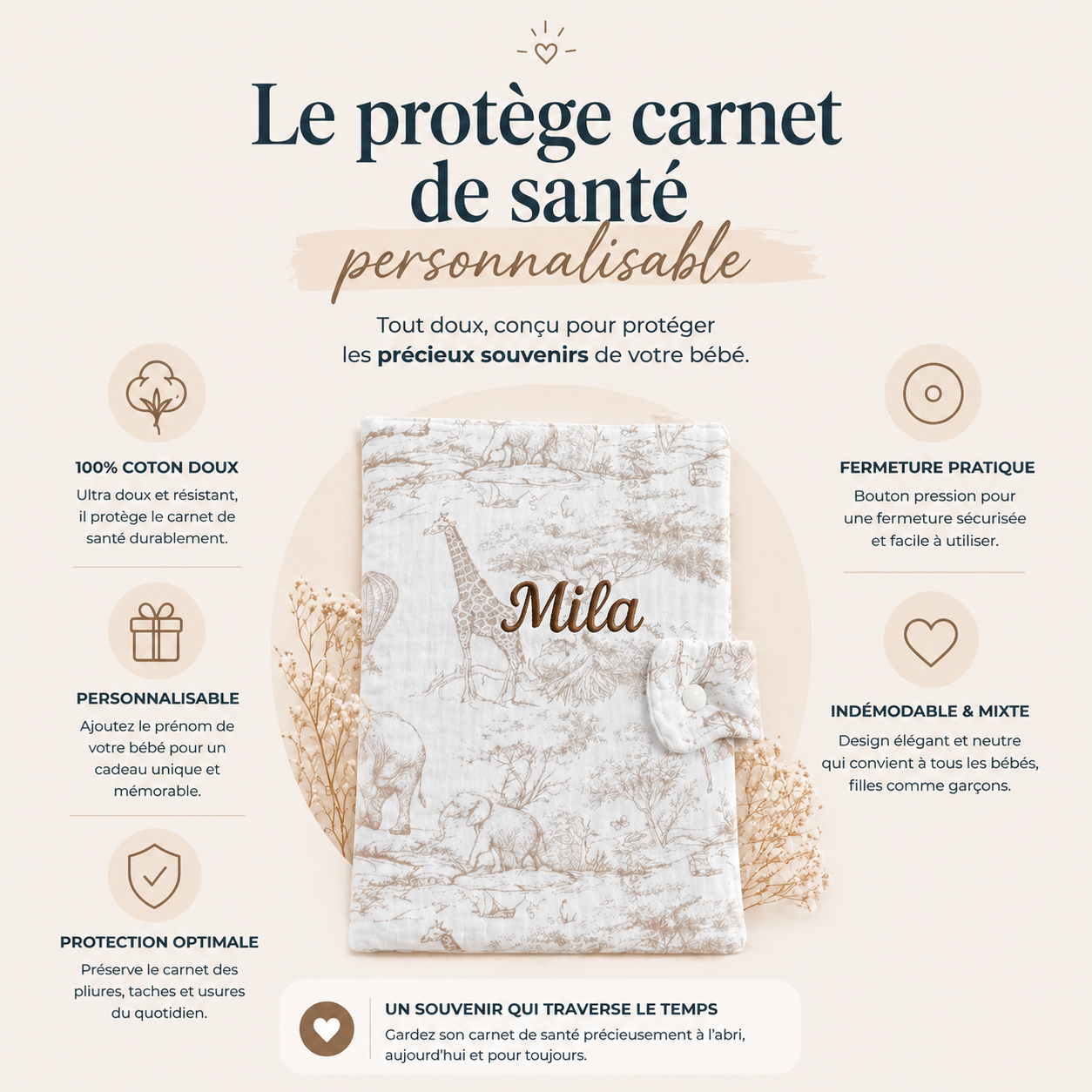 Protège carnet de Santé avec prénom - Toile de Jouy
