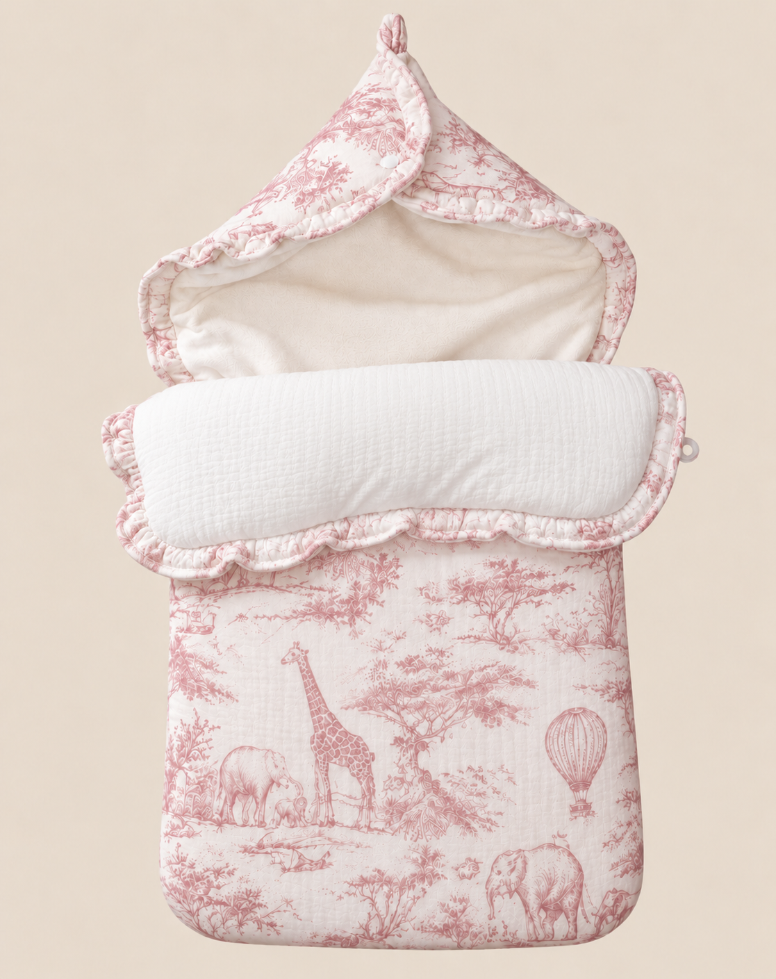 Nid d'ange bébé personnalisé toile de Jouy rose, brodé au prénom