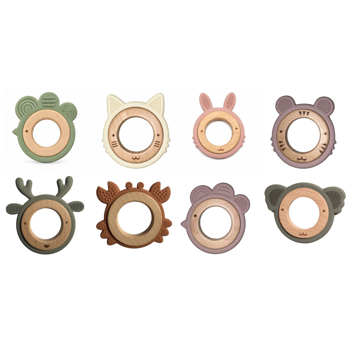 Anneaux de dentition au choix dans le coffret repas : Petit Poussin, Chat, Lapin, Tigre, Cerf, Crabe, Poussin, Koala
