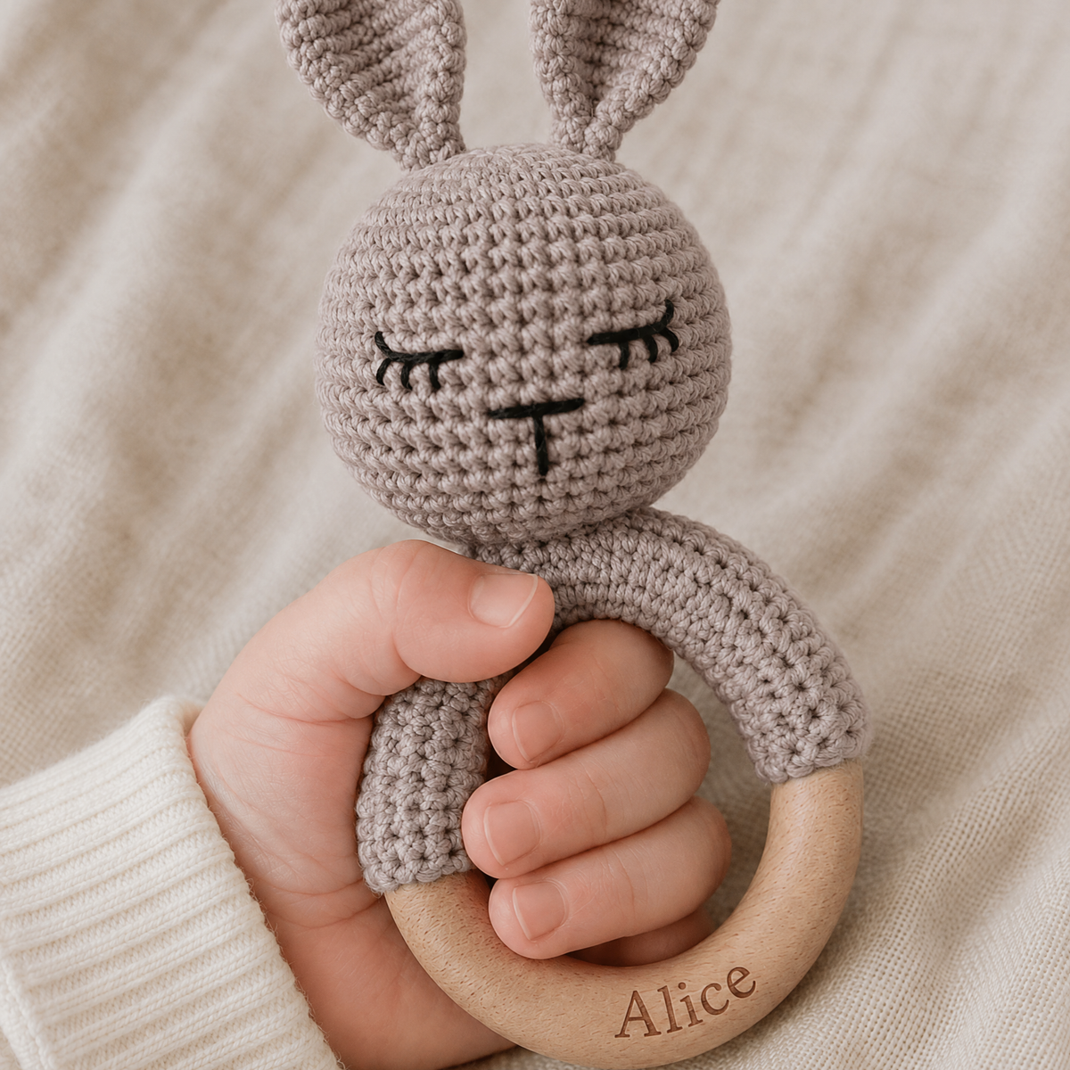 Hochet en crochet personnalisé lapin taupe