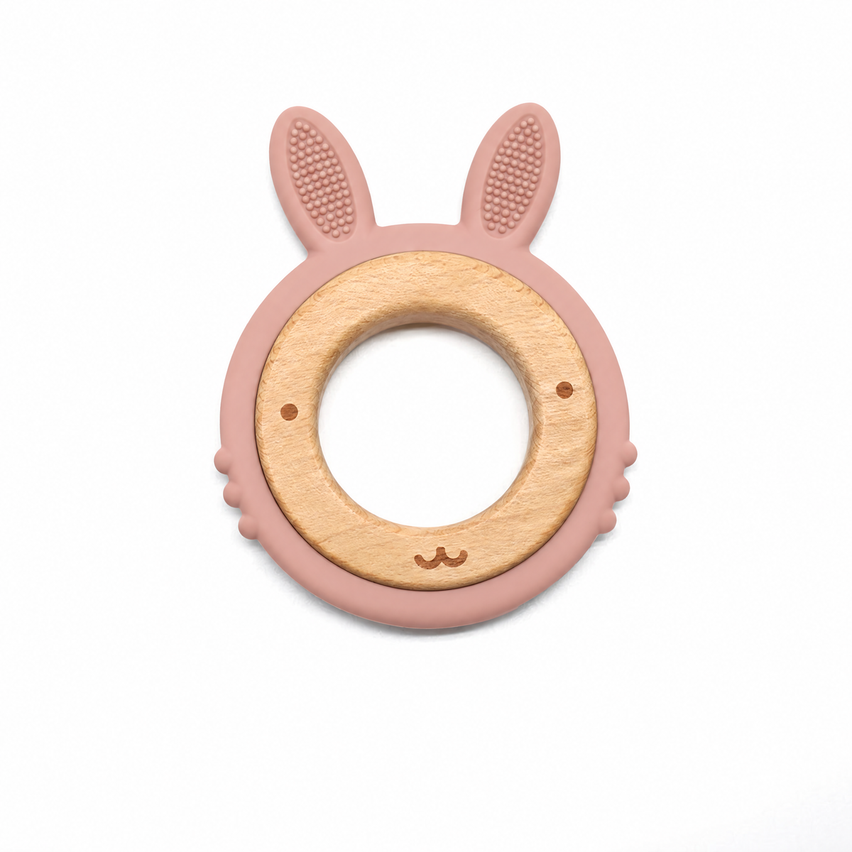 Anneau de dentition Lapin en silicone rose et bois de hêtre