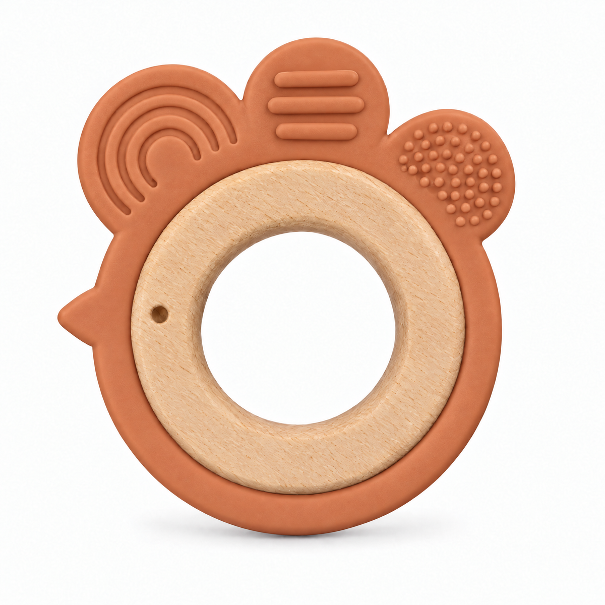 Anneau de dentition grignotin Petit Poussin terracotta, bois de hêtre et silicone