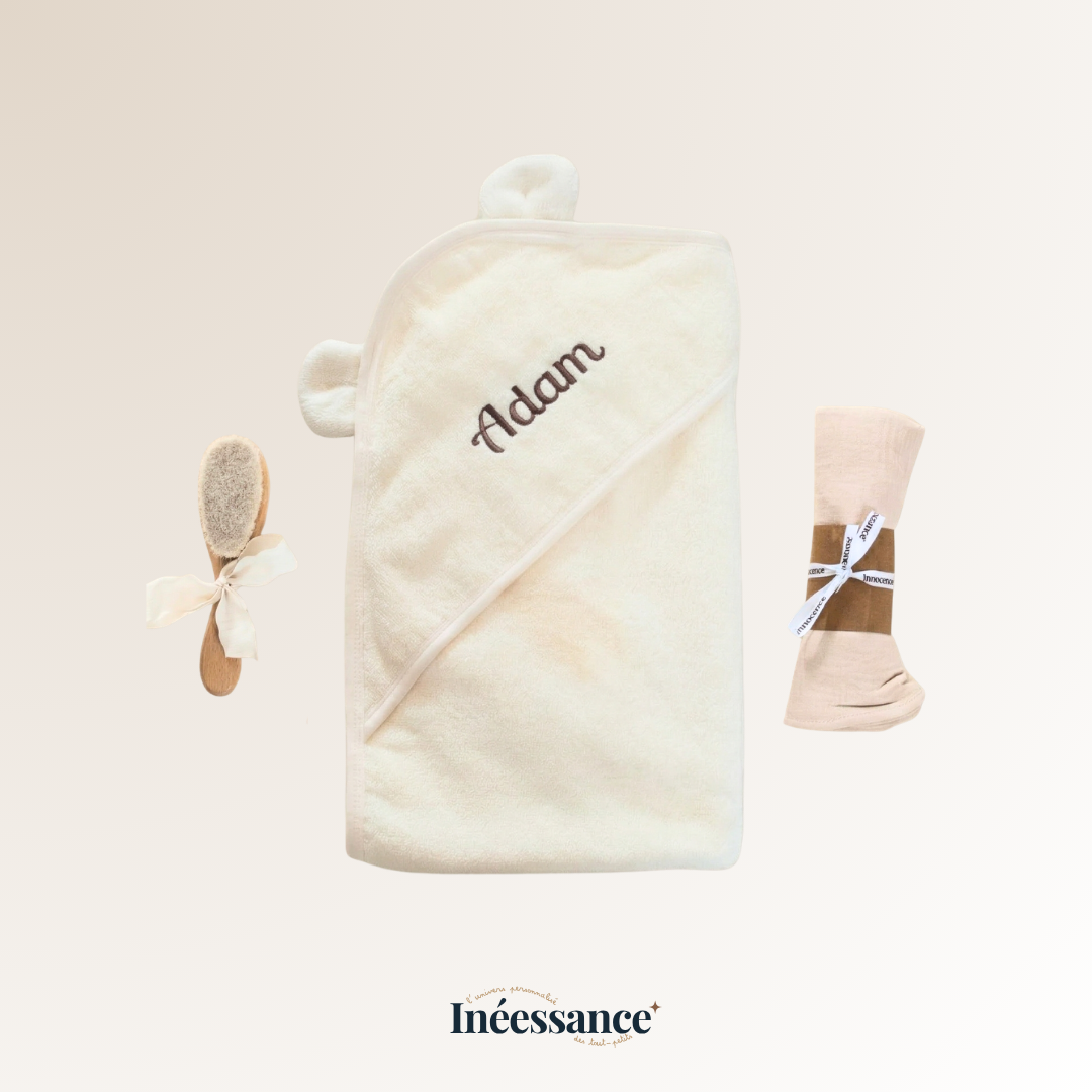 Coffret Premier Bain - Cape de bain, brosse et lange