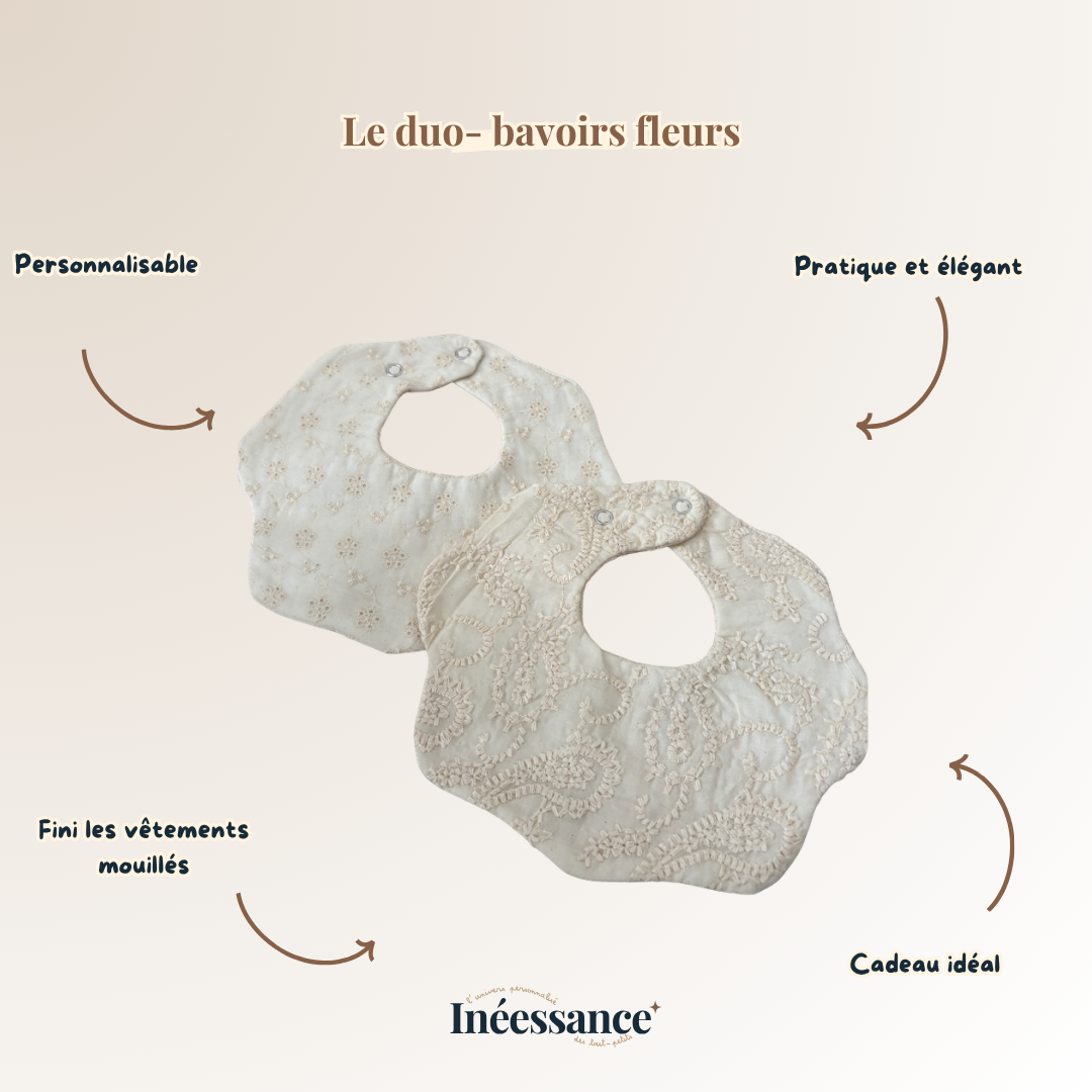 Bavoirs fleurs brodés – Lot de 2
