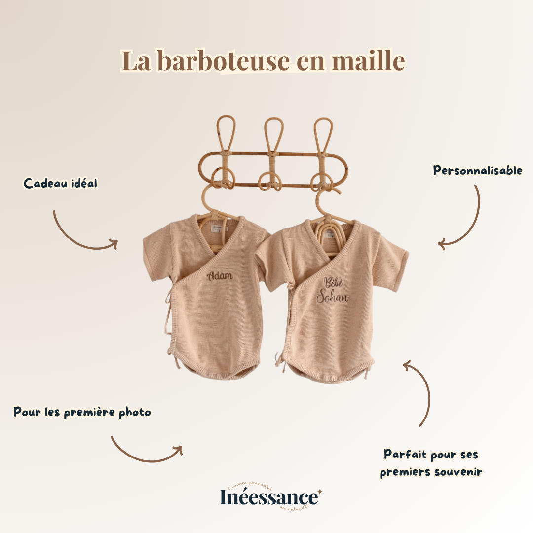 Barboteuse en maille coton bio - Brodée à son prénom